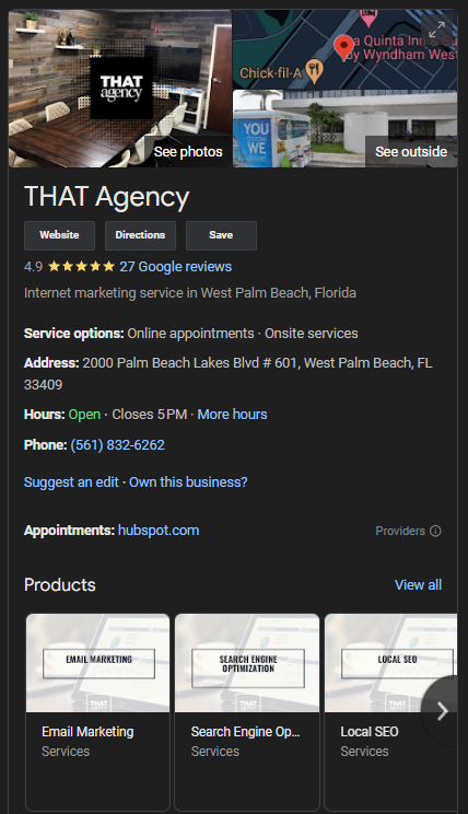 THAT Agency's google business listing