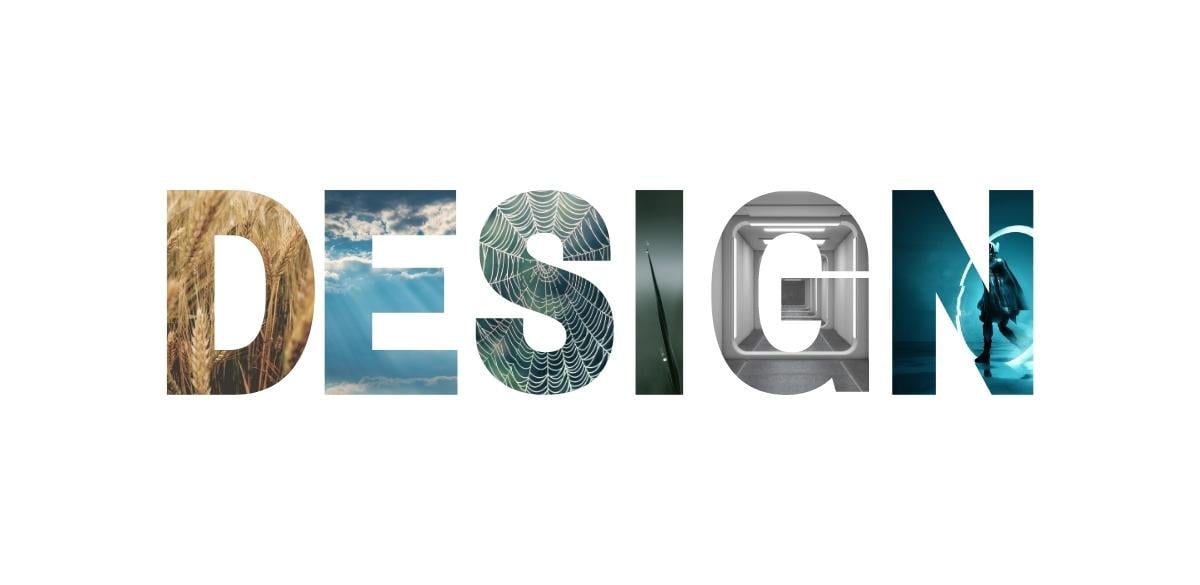 The word "design" with different natural and futuristic elements within the letters
